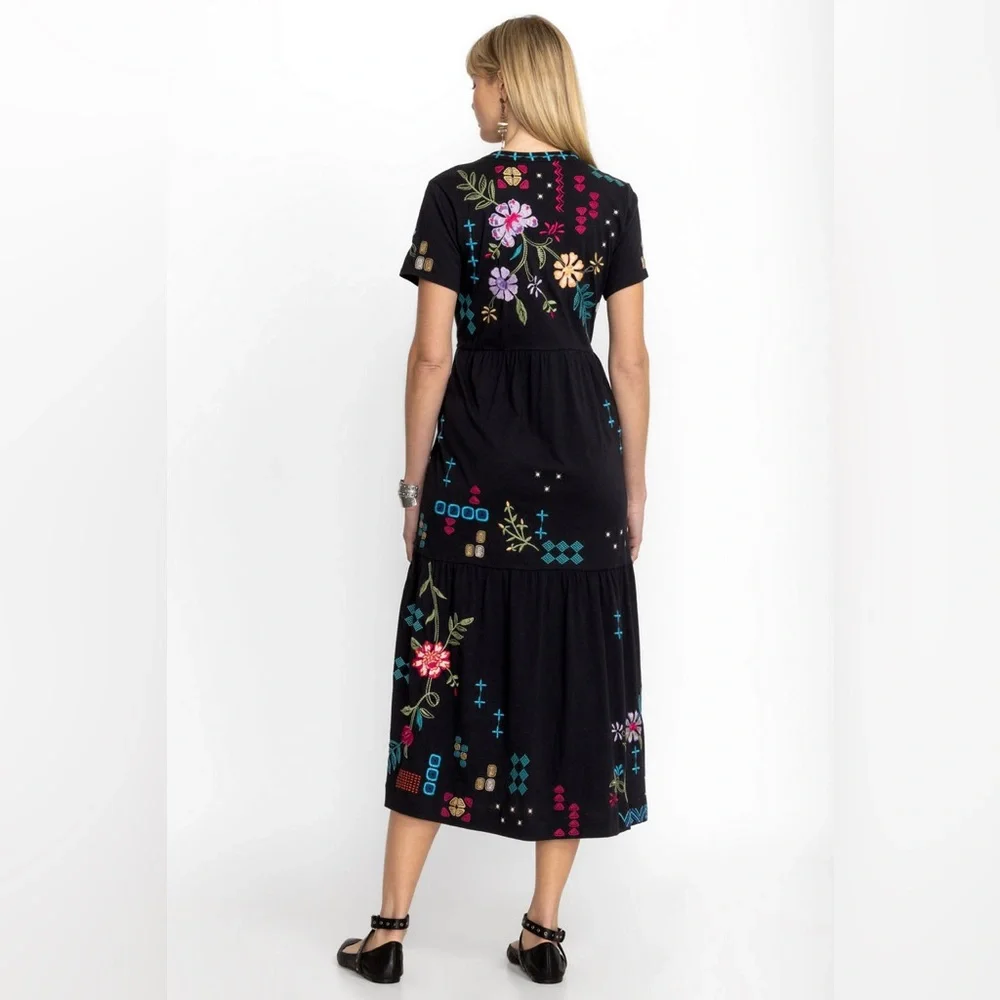 Johnny Was Floral Embroidered Katie Knit Henley Tiered Maxi Dress Boho Hippie XL - Picture 2 of 9